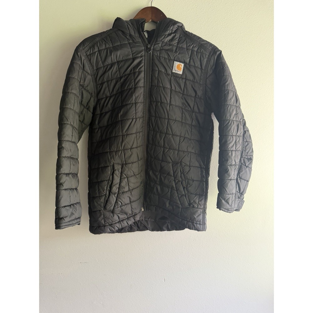 Vintage Carhartt Jacket Youth Large 14-16 Black Hooded Quilted Puffer Zip Coat
